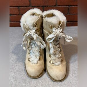 Jellypop Girls Mission Comfortable Fur Boots Cream Color Size 1M with Block-heel